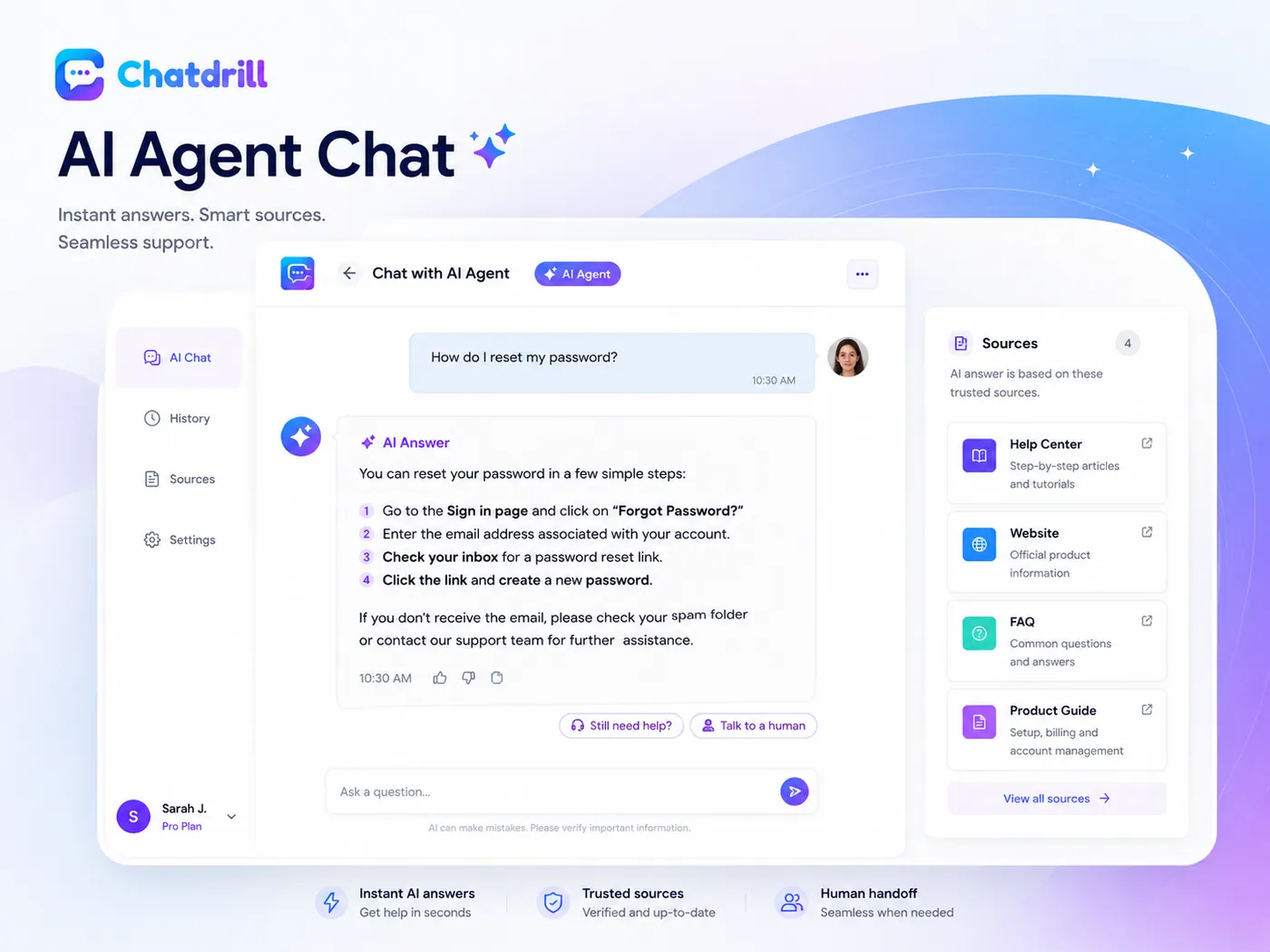 Chatdrill AI agent answering a customer's password reset question with step-by-step instructions, beside a sources panel citing the Help Center, website, FAQ and product guide it was trained on