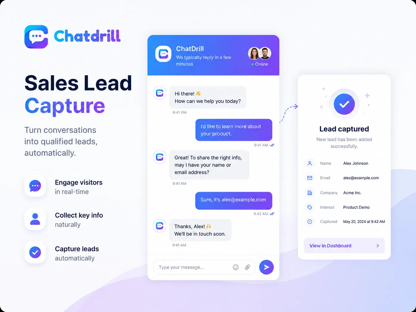 Chatdrill live chat widget qualifying a website visitor and collecting their email, with a lead captured card recording the new contact's name, email, company and interest for the sales team
