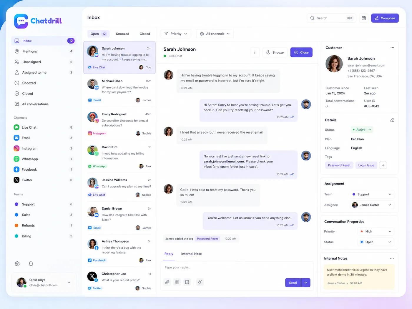 Chatdrill shared inbox for customer support teams: live chat, email, Instagram, WhatsApp, Facebook and Twitter conversations in one queue, with a threaded reply, customer details, tags, assignment and internal notes