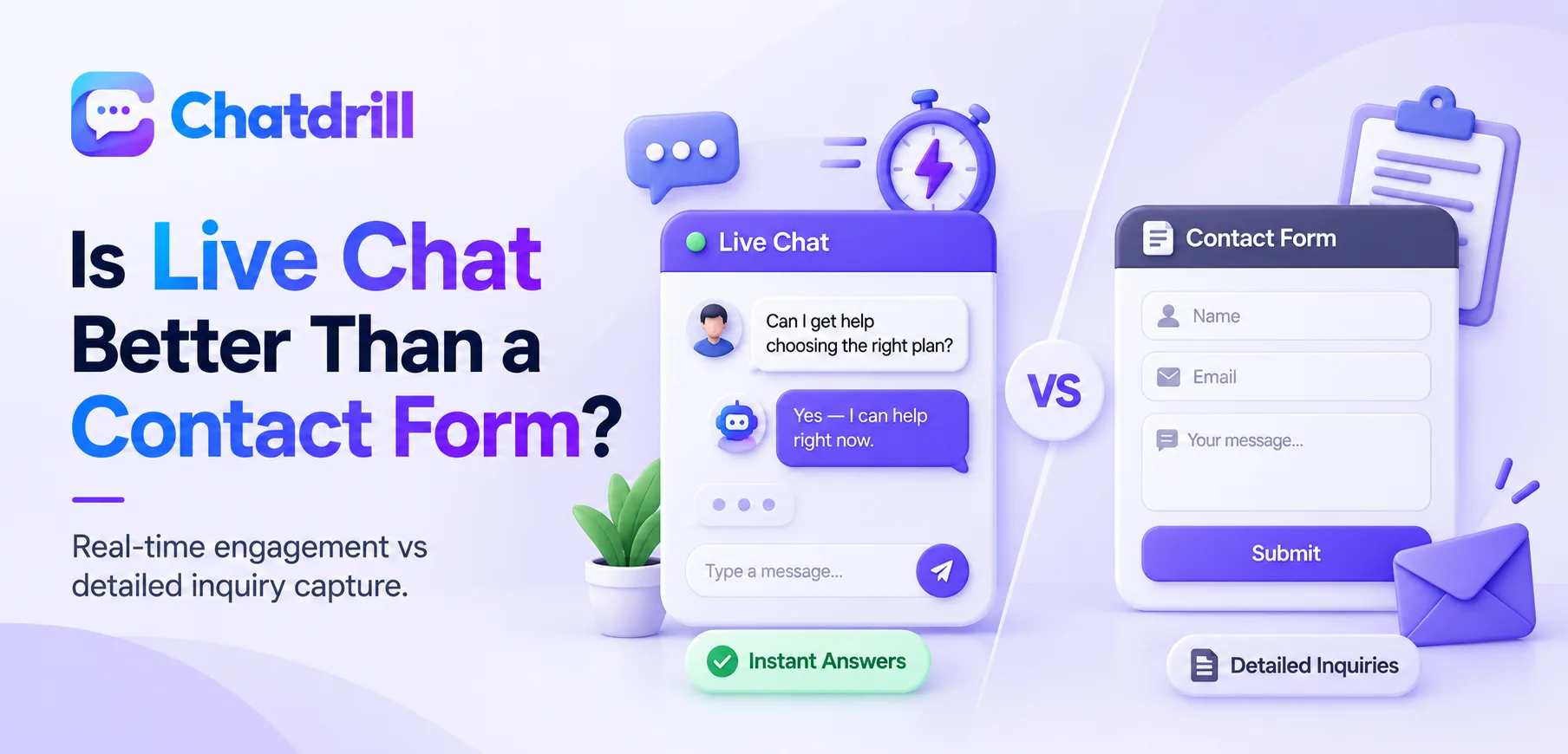 A website comparing a live chat widget and a contact form option