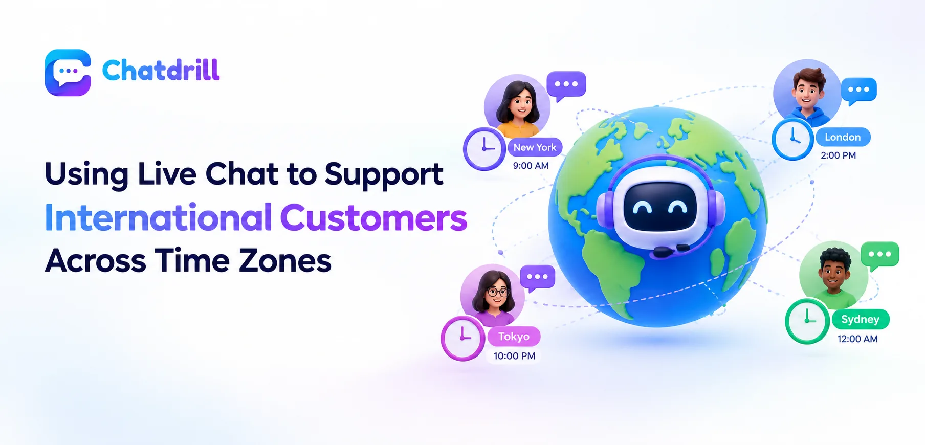 A world map showing live chat support coverage across different time zones