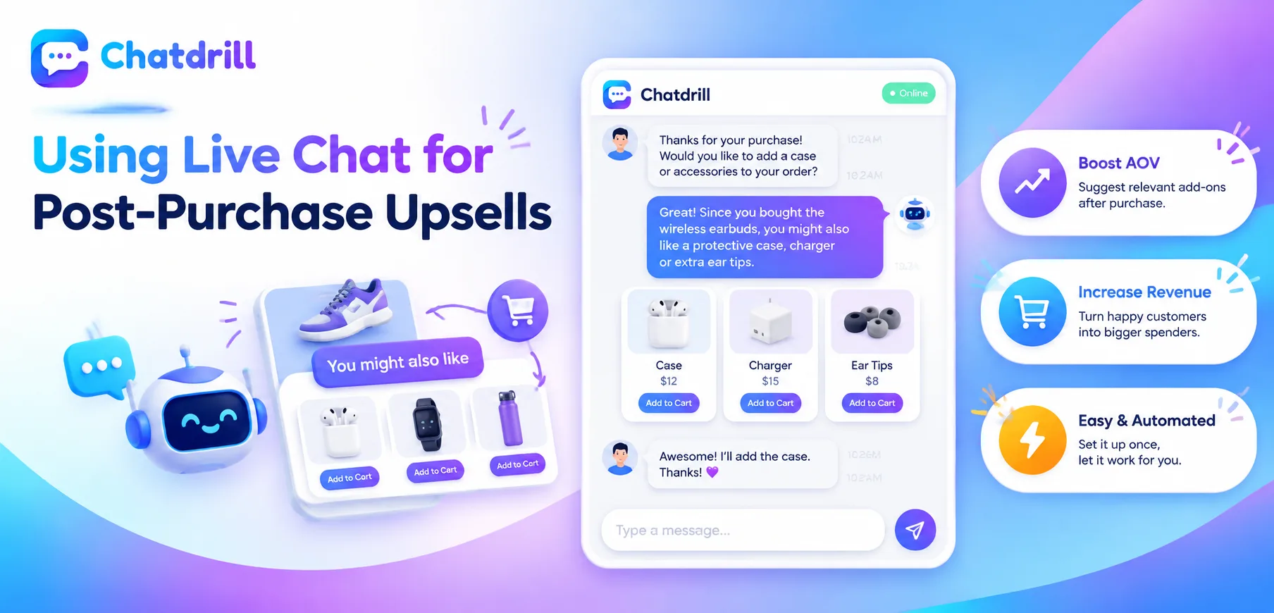 A live chat conversation suggesting a complementary product after a purchase