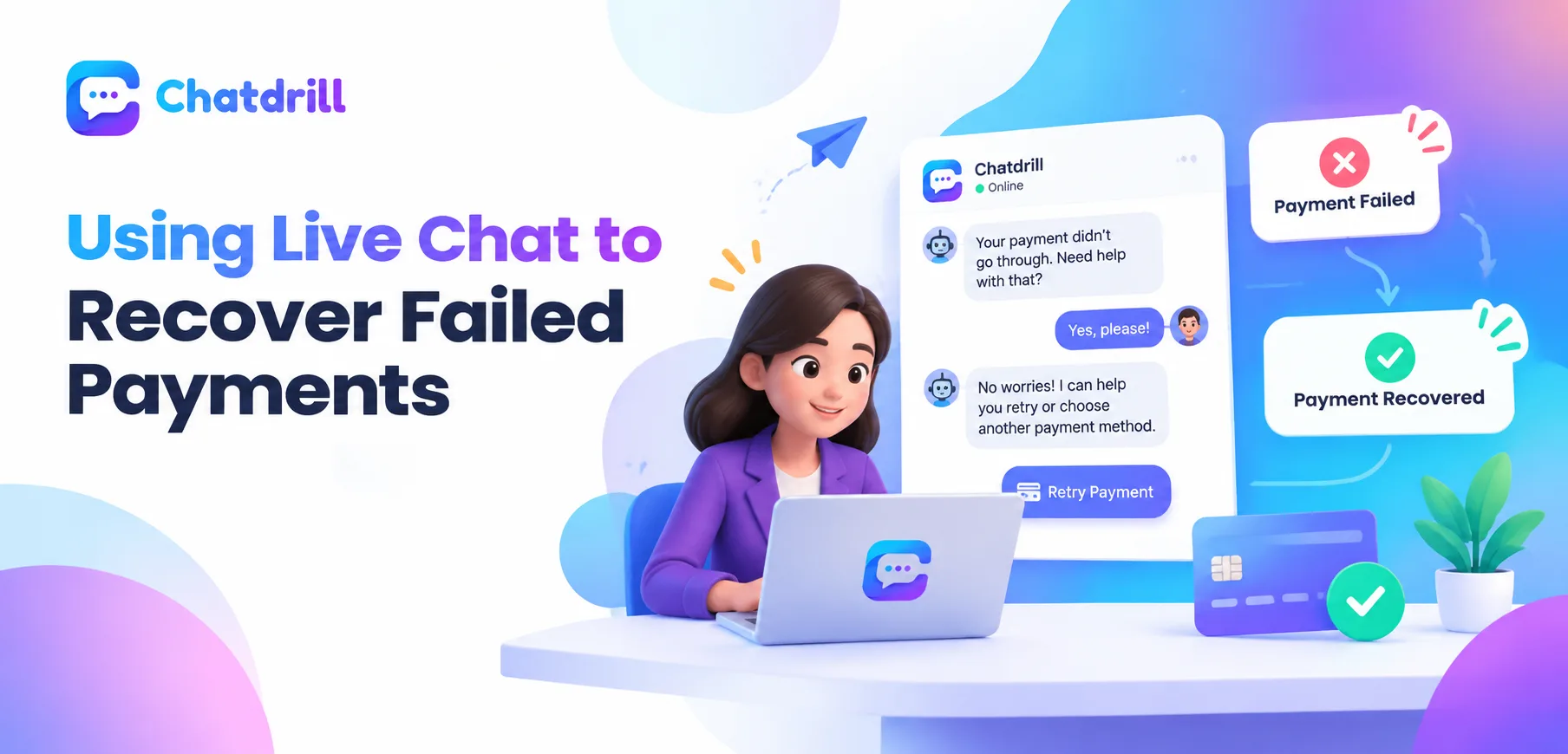 A live chat conversation helping a customer update a failed payment method