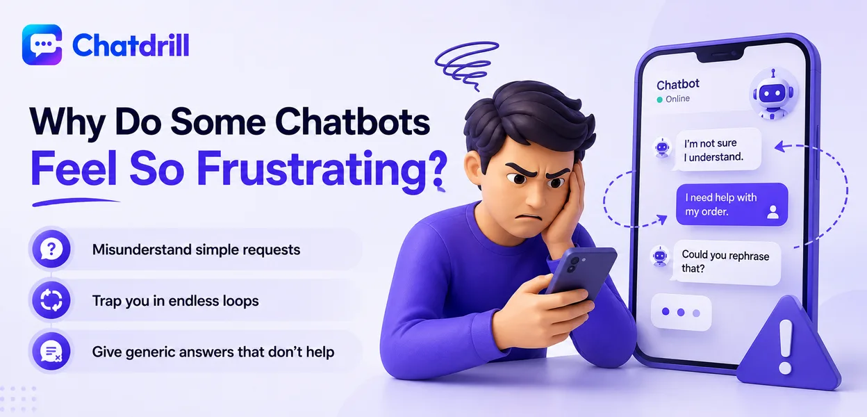 A frustrated user interacting with a chatbot that misunderstands their question