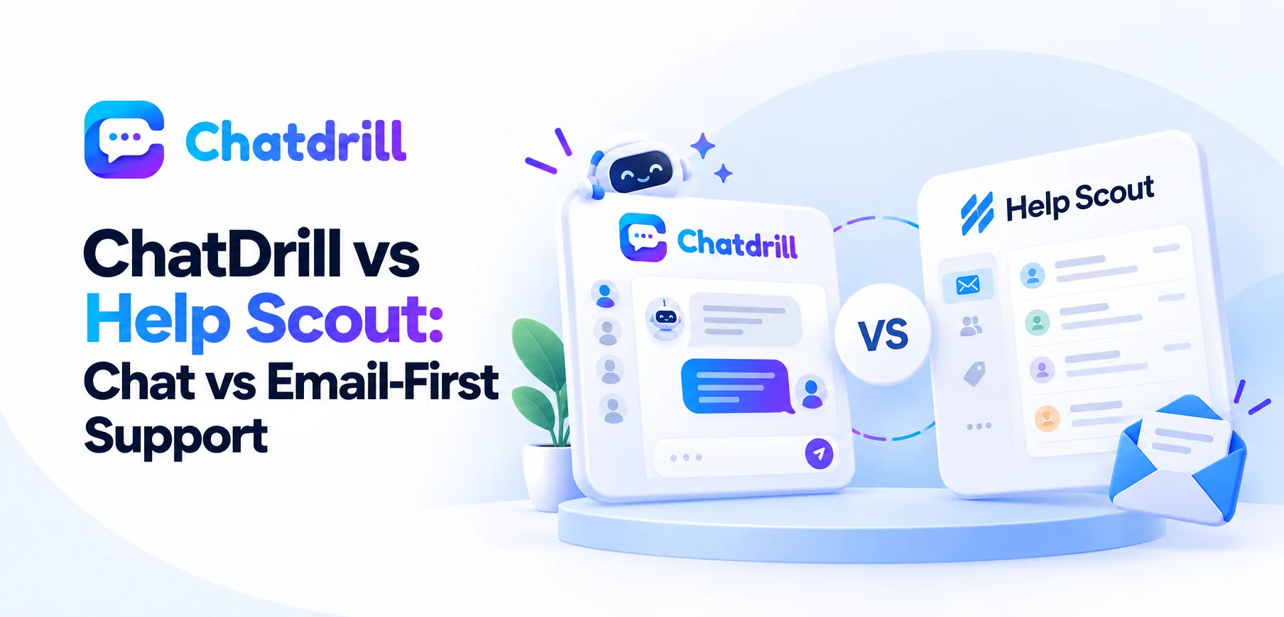 A comparison chart showing ChatDrill's chat-first approach versus Help Scout's email-first platform