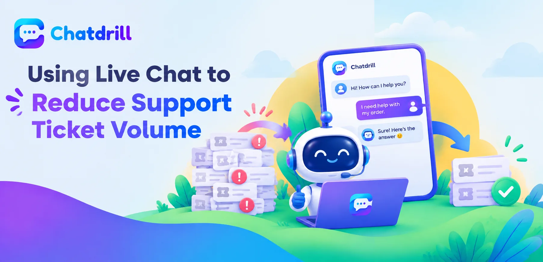 A dashboard showing reduced support ticket volume after adding live chat
