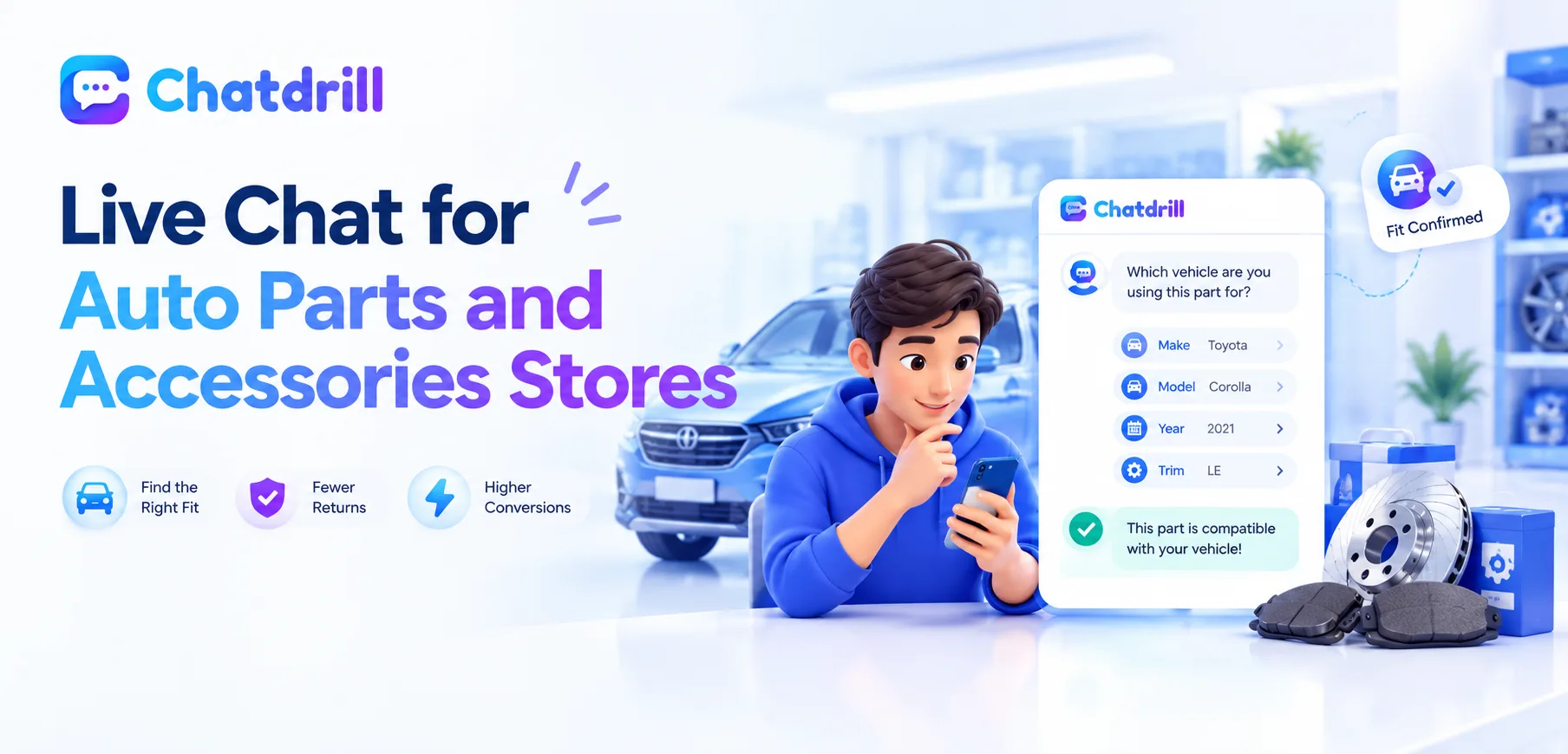 A live chat conversation confirming auto part compatibility with a customer's vehicle