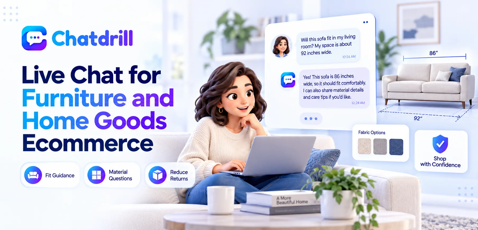A live chat conversation helping a customer determine if furniture fits their space