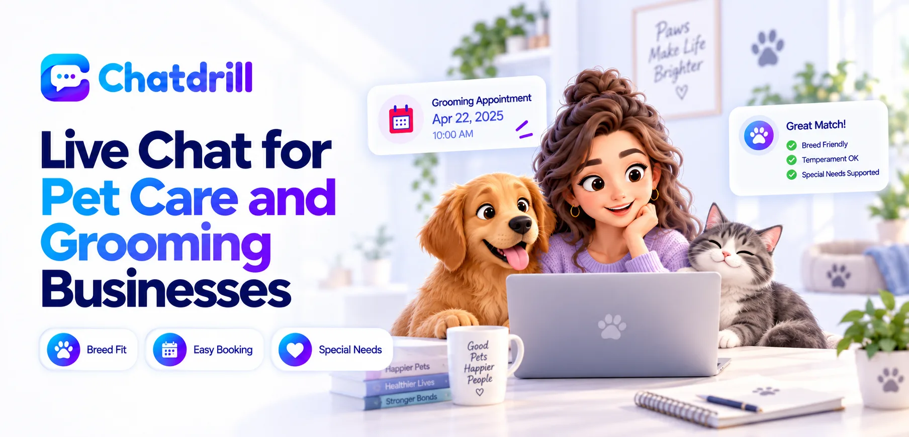 A live chat conversation helping a pet owner book a grooming appointment
