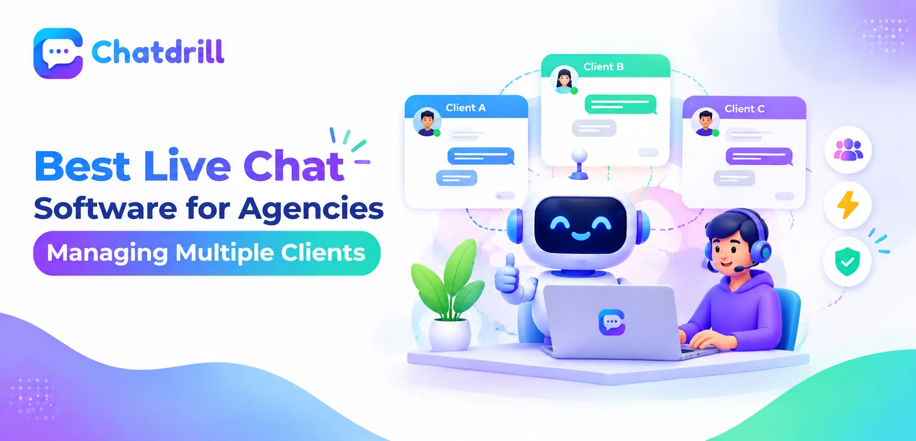 An agency dashboard managing live chat across multiple client accounts